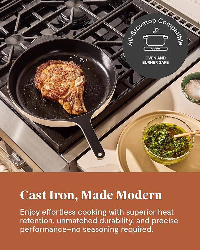 Caraway Cast Iron Skillet - 12??Enameled Cast Iron Pan With 3 Layer Enamel Coating - No Seasoning Required - Compatible With All Stovetops - Free From Forever Chemicals - Gray