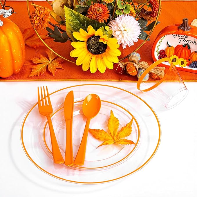SUT 175Pcs Orange and Clear Plastic Dinnerware Set for 25 Guests, Include: 25 Dinner Plate, 25 Dessert Plates, 25 Pre Rolled Napkins With Silverware, 25 Cups, Disposable Plates for Party