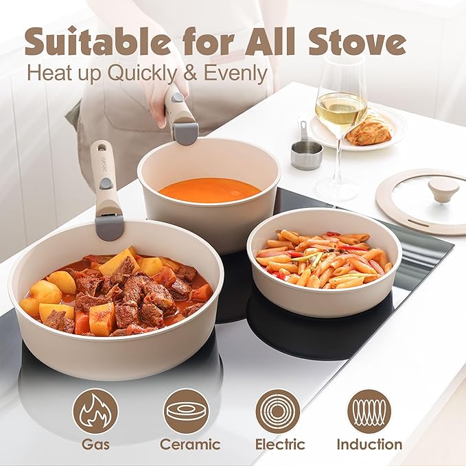 SENSARTE 17 Piece Ceramic Pots and Pans Set, Nonstick Detachable Handle Cookware, Induction Kitchen Cookware Set with Removable Handle, Dishwasher 竊?Oven Safe (Almond Beige)