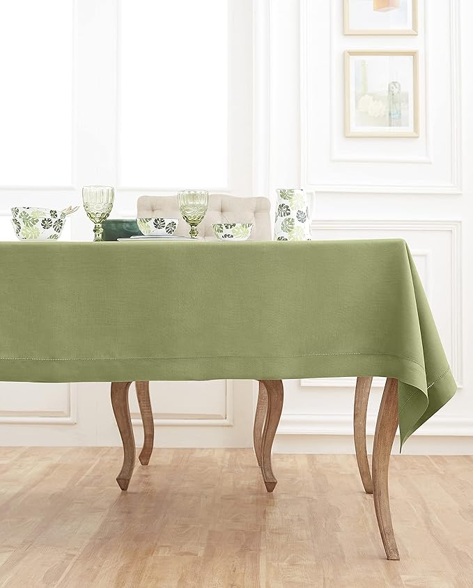 Solino Home Linen Tablecloth 60 x 90 Inch - Classic Hemstitch 100% Pure Linen Moss Green Table Cloth for Rectangle Tables - Machine Washable Tablecloth for Winter, Spring, Easter, St Patricks Day