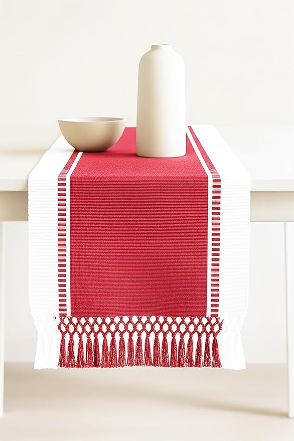 PurpleEssences Table Runner - Wide with Dobby Stripe, Heavy Ribbed Weave & Double Knot Fringes, 14x72 Inch (14x77.5 with Fringes) Farmhouse Decor - Christmas Holiday Winter - Red and White