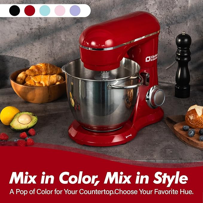 Kitchen in the box Stand Mixer, 6.5QT Electric Food Mixer, 10 Speeds 3-IN-1 Kitchen Mixer for Daily Use with Egg Whisk,Dough Hook,Flat Beater (Red, 6.5QT)