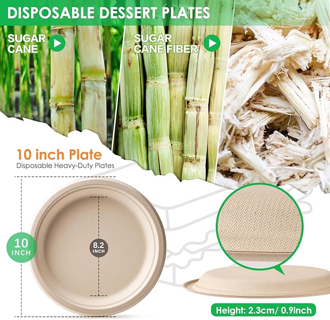 100% Compostable Plates 10 Inch 125 Pack Disposable Plates Bulk Heavy-Duty Dinner Plate Natural Biodegradable Sugarcane Plate for Party Picnic