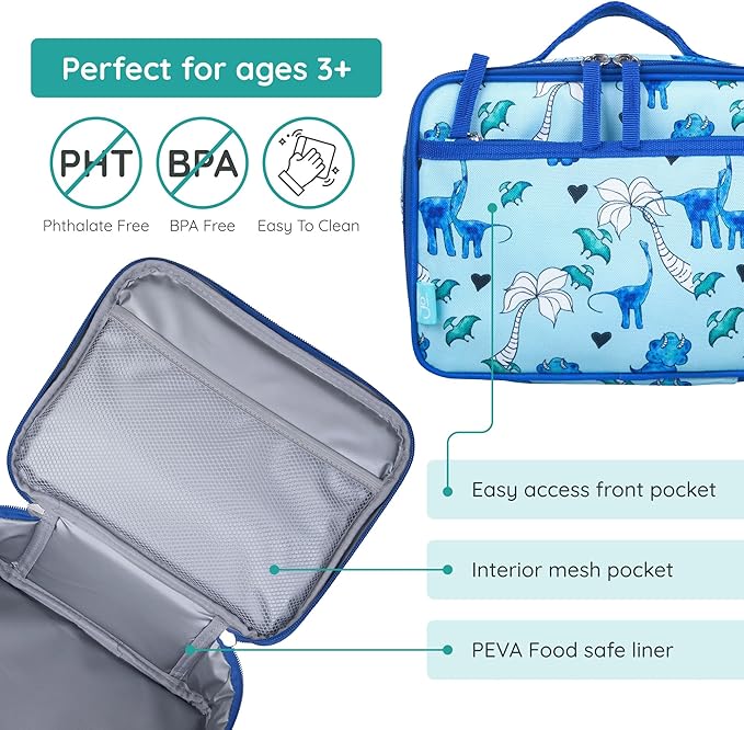 Wildkin JumpOff Jo Insulated Lunch Box ??Durable, Reusable for Kids ??Blue Dino