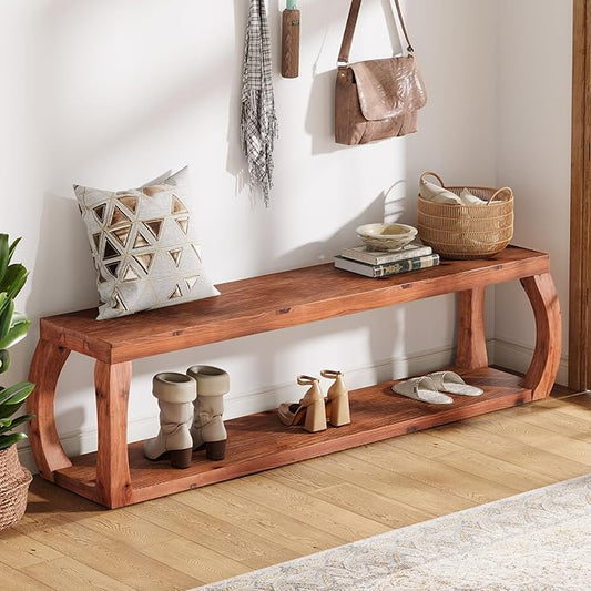 TRIBEWOOD 2-Tier Solid Wood Entryway Bench, 59" Long Farmhouse End of Bed Bench with Open Shelves, Rustic Shoe Storage Wooden Seating for Entry, Kitchen, Living Room, Bedroom, Hallway (Rustic Brown)