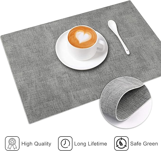 LANDVIEW Leather Heat Resistant Placemats Set of 6 Waterproof Wipeable Washable PU Table Mats,Easy to Clean Anti-Slip Place Mats (Light Grey, 6)