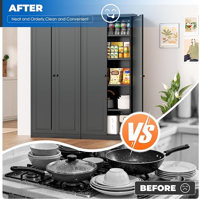 INTERGRAET Kitchen Pantry Cabinet, 63" Tall Metal Pantry Storage Cabinets with 2 Doors and 4 Shelves, Black Metal Storage Cabinet,Cupboard for Home,Kitchen,Living Room/Dining