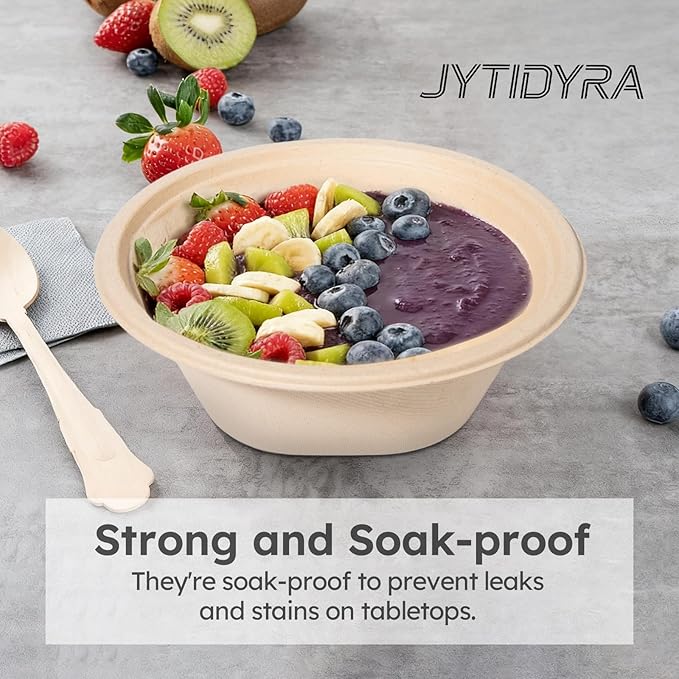 JYTIDYRA Paper Bowls, 32 Oz Disposable Bowls [100 Pack] Heavy Duty Compostable Deep Disposable Soup Bowls, Eco-friendly Biodegradable Bagasse Hot Cold Microwavable Bowls for Salad, Cereals, Dessert