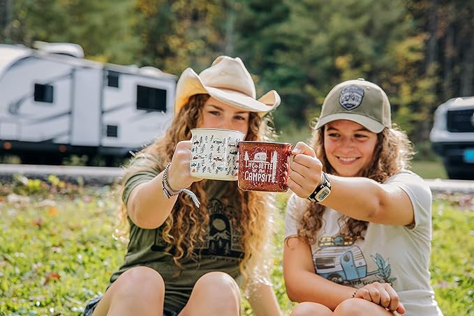 Camco Life is Better at The Campsite Ceramic Coffee Mug - Microwave and Dishwasher Safe - Features Sketched RVs Design - Coffee Cup Holds 14oz. (53383)