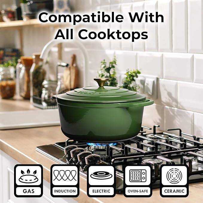 Zulay Kitchen 6 Quart Enameled Cast Iron Dutch Oven Pot with Lid ??Premium Durability & Oven Safe up to 500째F ??Heavy Duty Cookware Perfect for Bread Baking, Stews, Braising & Roasting ??Green