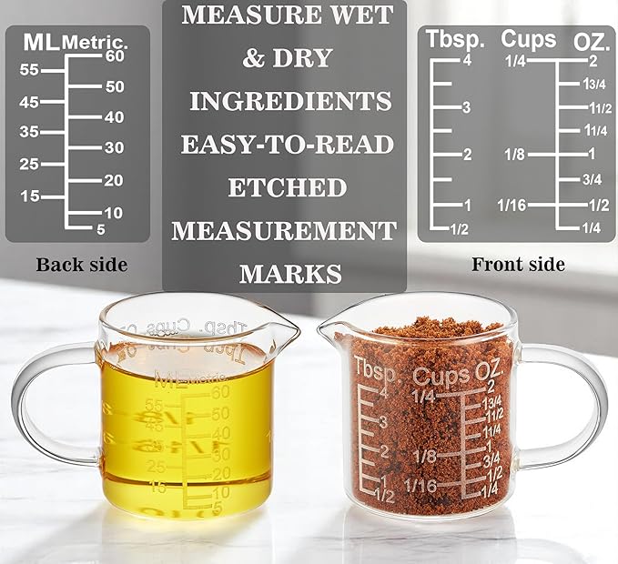 Ackers Etching Scale Measuring Glass -[Insulated handle | V-Shaped Spout]-Made of High Borosilicate Glass Measuring for Kitchen or Restaurant, Easy to Read, 60 ML (2 Oz) 訝?2 Pack)