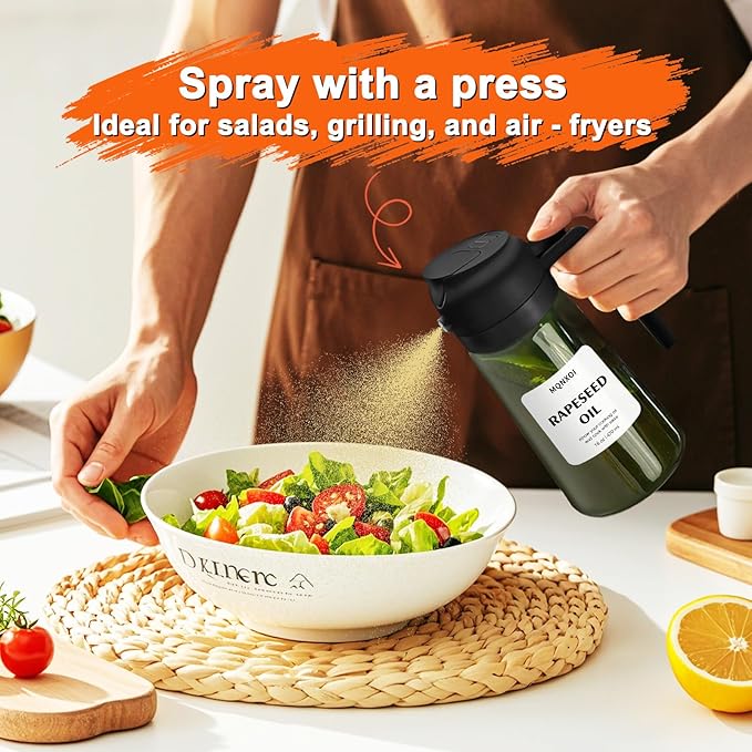 Oil Sprayer for Cooking, 2 in 1 Olive Oil Dispenser Bottle for Kitchen, 16oz/470ml Premium Glass, Food-grade Oil Mister for Air Fryer, Salad, Frying, BBQ (Black + Dark Green Bottle)