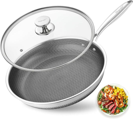 Non Stick Frying Pans, Stainless Steel Nonstick Fry pan with Honeycomb for Kitchen Cooking - 11??Skillet with Lid for Cookware - Works with Induction Cooktop Ceramic and Gas.