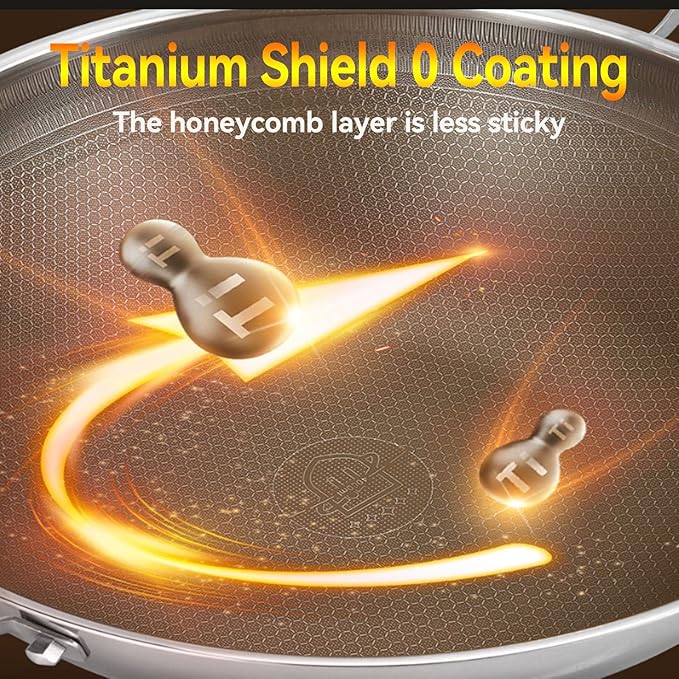 Titanium Hammered Wok with Double Handles, 2026 New Frying Pans Nonstick, Non-Stick Wok, Scratch-Resistant Non Stick Titanium Pans for Cooking,With steamer,16.53in