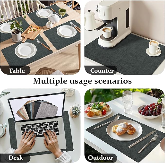 FROMHEART Faux Leather Placemats Set of 8?밯aterproof,Heat/Oil Stain-Resistant PU Table Mat?밨eversible,Non-Slip,Easy to Clean Place Mats for Kitchen,Dining,Indoor/Outdoor,(Dark Green,11.8" x 17")