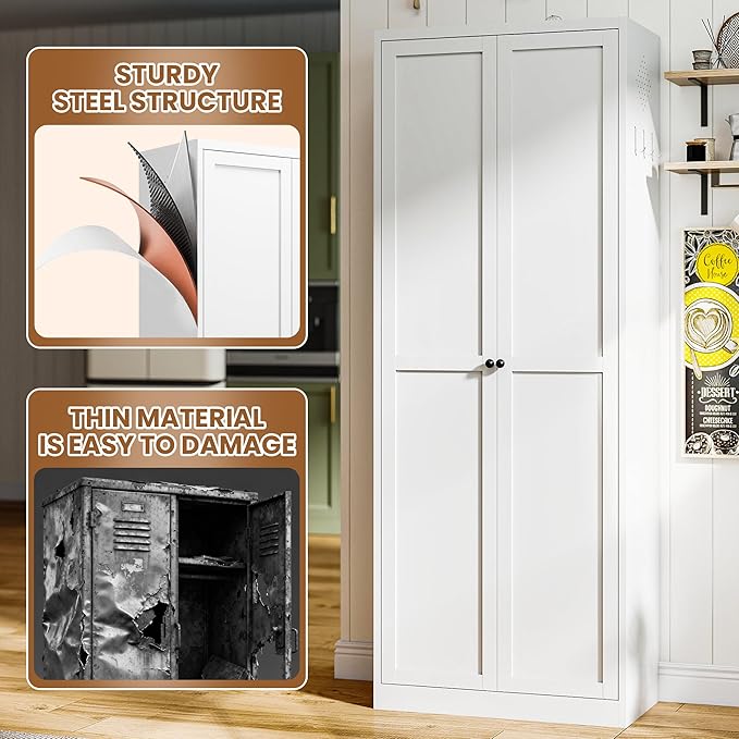 Metal Pantry Storage Cabinet with 2 Doors and 5 Adjustable Shelves, 72" Tall Kitchen Storage Cabinets for Kitchen Dining Room Living Room Bathroom,Assembly Required (White)