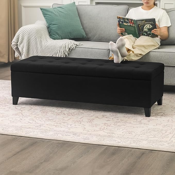DECO DE VILLE Ottoman with Storage, 51 Inch End of Bed Storage Ottoman Bench, Linen Fabric Upholstered Ottomans with Hinged Lid, Rectangle Long Foot Rest Bench for Entryway Living Room Bedroom Black