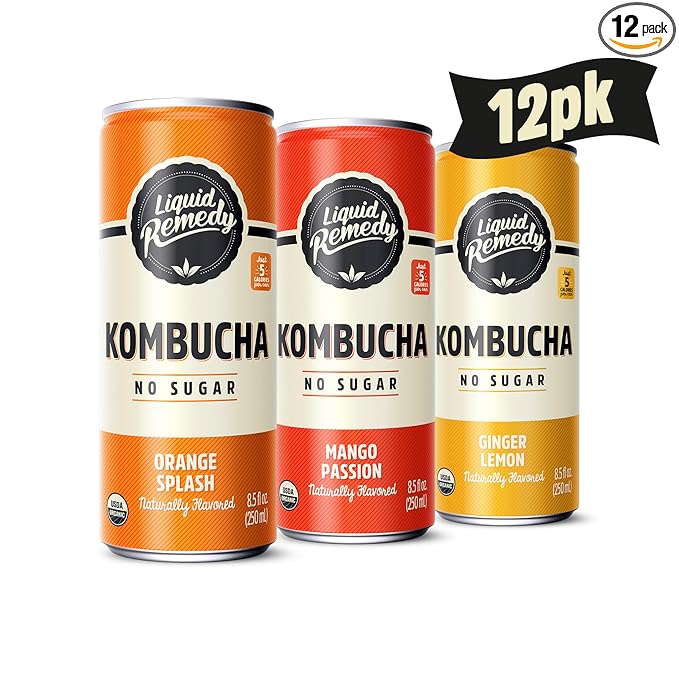 Liquid Remedy Kombucha Sugar Free Organic Drink, Low Calorie, Probiotic Like Tea for Gut Health - Tropical Trio Variety Pack - 8.5 Fl Oz Can, 12-Pack