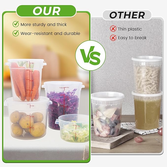 4 Pack Round Food Storage Containers with Lids, 4Qt Translucent Commercial Food Container, Polypropylene, BPA Free, Includes Labels & Measuring Cups