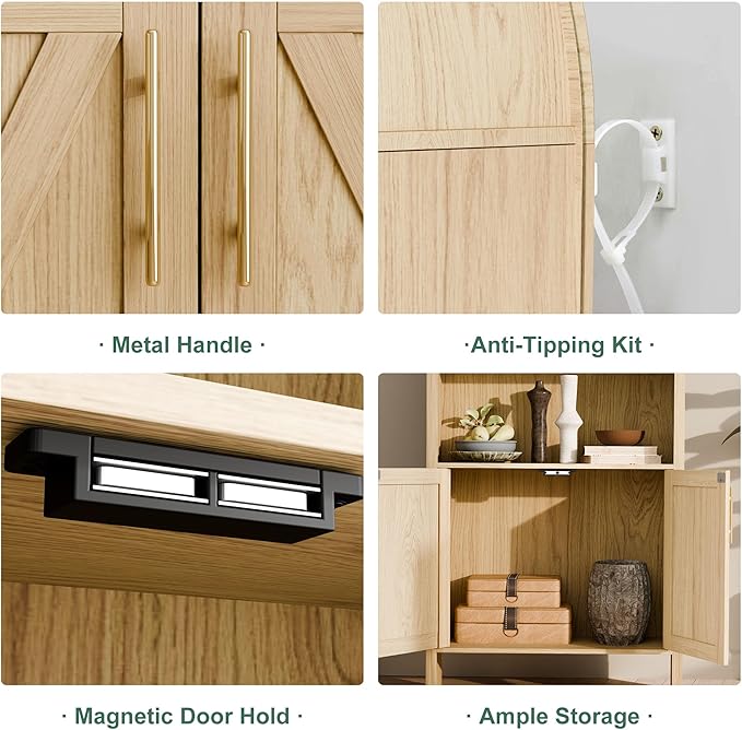 Arch Storage Cabinet with Beech-Wooden Door, 60??Arched Display Floor Cabinet, 4 Tier Farmhouse Buffet Cabinets with Storage for Dining Room, Living Room, Home Office or Kitchen (Oak)
