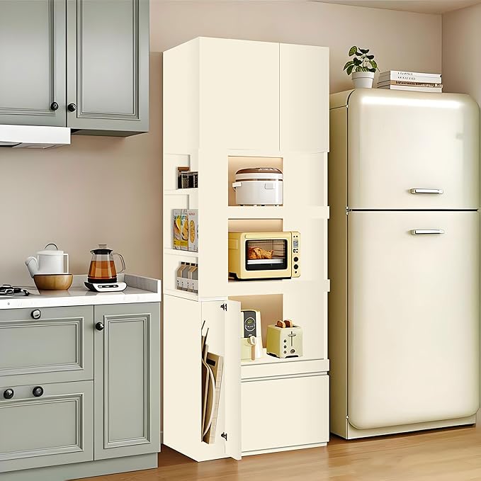 LINLIUA 71'' Tall Kitchen Pantry Cabinet, Wood Pantry Storage Cabinet with Doors, 3 Pull-Out Shelves and Drawer, Modern Slim Kitchen Hutch for Dining Room Small Space