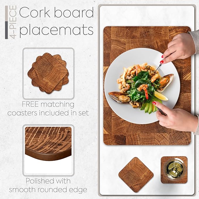 Moderry Set of 4 Heat Resistant Cork Placemats for Dining Table with Free Set of 4 Matching Drink Coasters Marble Design 16 x 12 Inches Cork Backed Hard Placemats (Honey Oak)