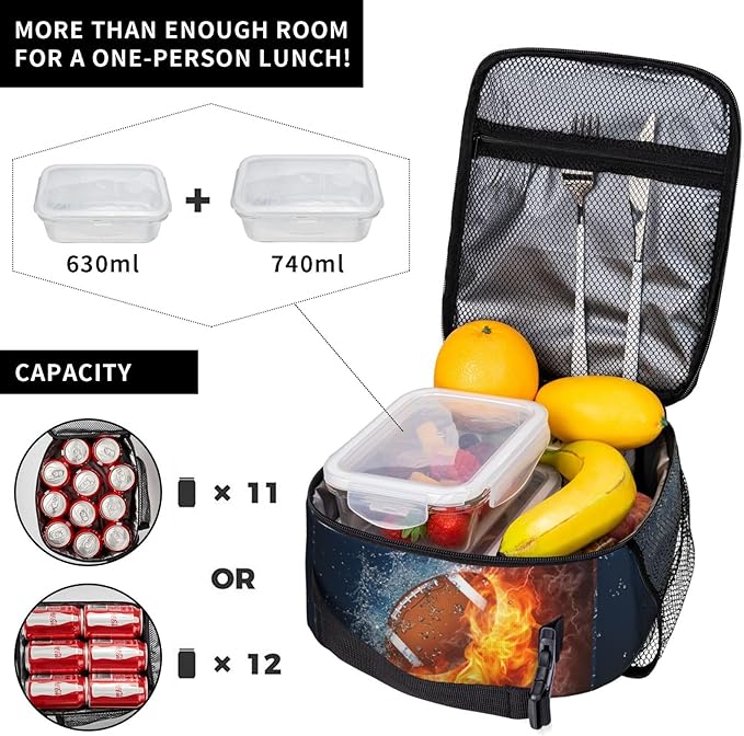 Sports-themed Football Lunch Box for Kids Teens Adults Boys Men, Insulated Leakproof Waterproof Reusable Lunch Bags with Water Bottle Holder, Portable Durable Cooler Tote Bag for School Work Travel