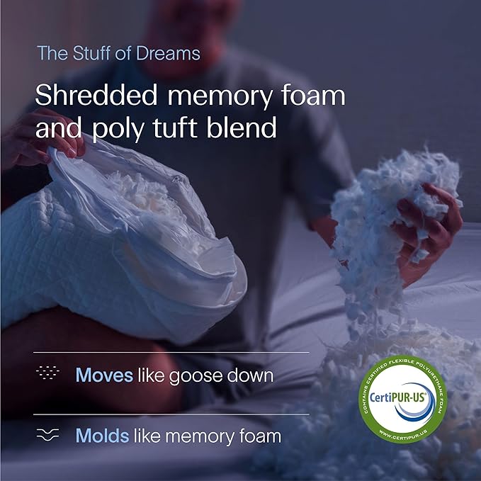 DreamyBlue Signature Pillow w/Adjustable Loft ??Shredded Memory Foam Fill ??Neutral Alignment for Side, Back, and Stomach Sleepers ??Washable Bamboo Rayon Cover ??CertiPUR-US Certified Foam (King)