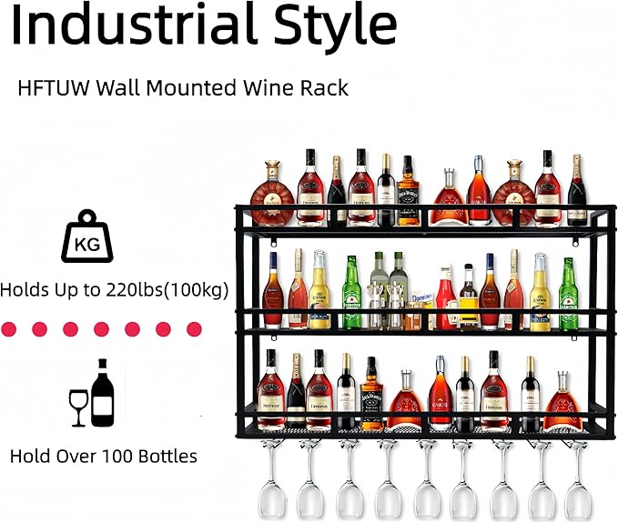 71 Inch Metal Wine Rack Wall Mounted, Bar Shelves for Liquor Bottles with LED Light, 3 Tier Large Capacity Liquor Rack Wall Mounted with Glass Holder for Home Bar & Dining Room, Gold