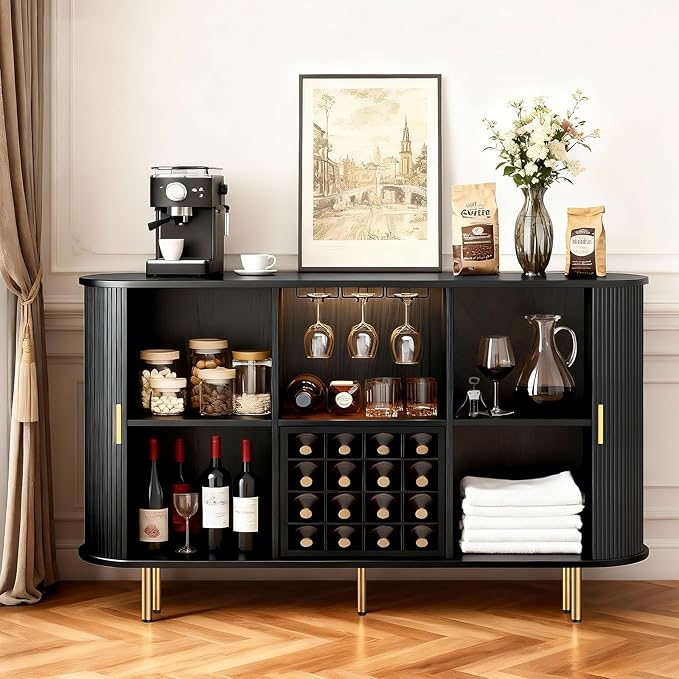 DHH 55" Wine Bar Cabinet with Storage, Fluted Liquor & Coffee Bar Cabinet with Wine Rack and Glass Holder, Buffet Sideboard with LED Lights for Home Kitchen Living Dining Room (Black)