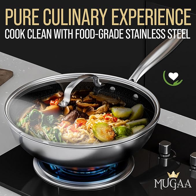 Nonstick Honeycomb Hybrid 11" Stainless Steel Wok with Lid + Medium 304 Steel Cutting Board Double Sided, Premium Kitchen Bundle