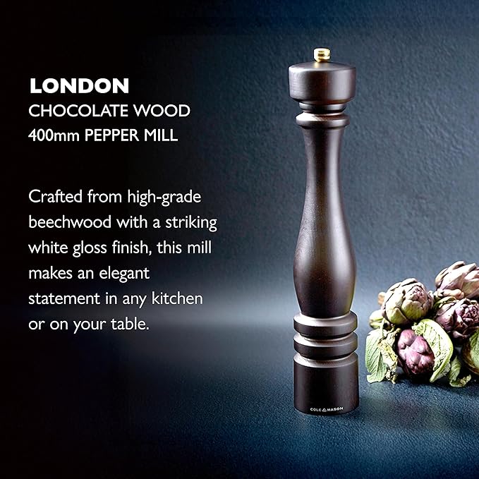 Cole & Mason London Refillable Spice Mill - Kitchen & Home Accessory - Table Black Pepper Grinder - Pepper Mill with Carbon Steel Mechanism - 15", Chocolate Wood