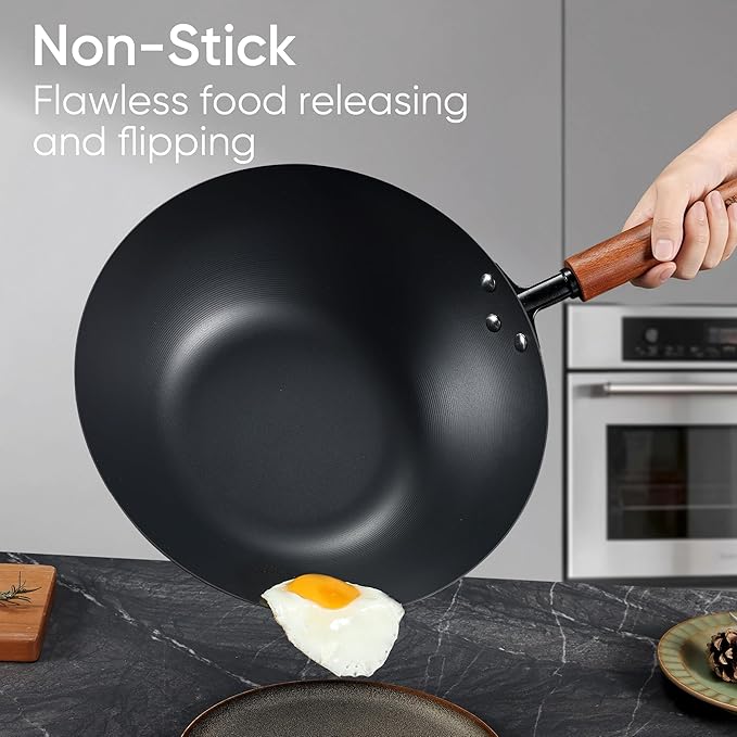 CAROTE 12" Carbon Steel Wok Pan, 4.5QT Woks & Stir-fry Pans Nonstick, No Chemical Coated Pre-Seasoned Flat Bottom Wok with Lid for Stir Fry, Chinese Cast Iron Wok, Cooking Pan, All Stovetop Compatible