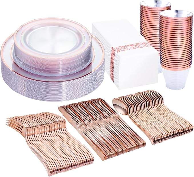 DaYammi 350Pcs Rose Gold Dinnerware Set Include: 50 Dinner Plates 10.25?쇺?50 Dessert Plates 7.5?쇺?50 Rose Gold Cutlery,50 Disposable Cups 9 OZ with 50 Napkins for Party