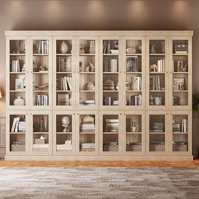 Vyre 70.8" Bookshelf with Glass Doors, Farmhouse Modular Bookcase with 6-Tier Adjustable Shelves, Large Storage Cabinet for Living Room & Home Office, Set of 2, Brown