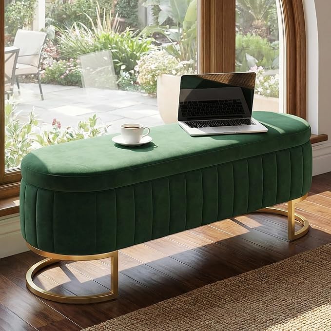 VIROL 65 Inch Storage Ottoman Bench Velvet End of Bed Storage Bench King Size Upholstered Tufted Bench Large Space for Bedroom Living Room Entryway Green
