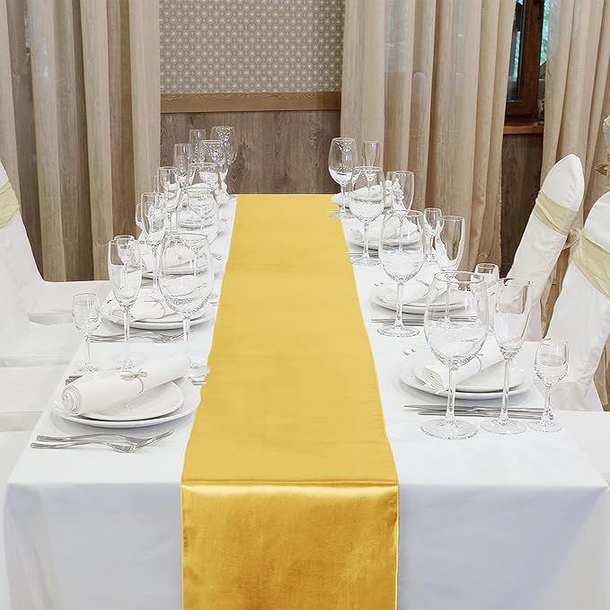 Aneco 4 Pack Satin Table Runner 12 x 108 Inch Golden Long Bright Silk and Smooth Fabric Party Table Runner for Wedding Banquet Party Decoration