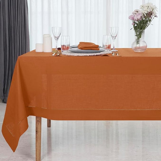 D'Moksha Homes Rust Linen Tablecloth 60 x 156 Inch - 100% Pure Linen Rust Tablecloth for Rectangle Tables - Classic Hemstitch, Machine Washable Table Cloth for Spring, Easter