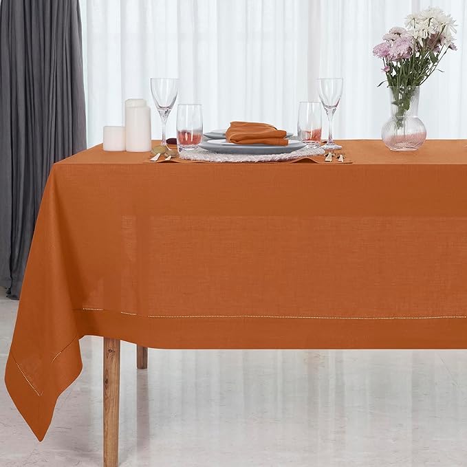 D'Moksha Homes Rust Linen Tablecloth for Rectangle Tables 60 x 144 Inch - 100% Pure Linen Rust Table Cloth - Classic Hemstitch, Machine Washable Dining Tablecloth for Spring, Easter