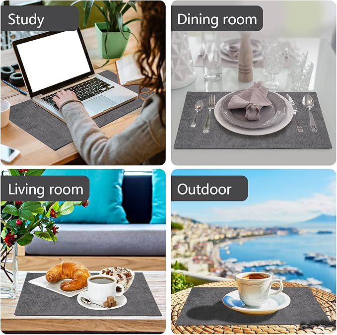 JUCCWARM Faux Leather Placemats Set of 6,Heat Resistant Placemats for Dining Table, Easy Clean Non-Slip Place Mats, Waterproof Stain Resistant Wipeable Washable PU Table Mats, (Dark Grey)