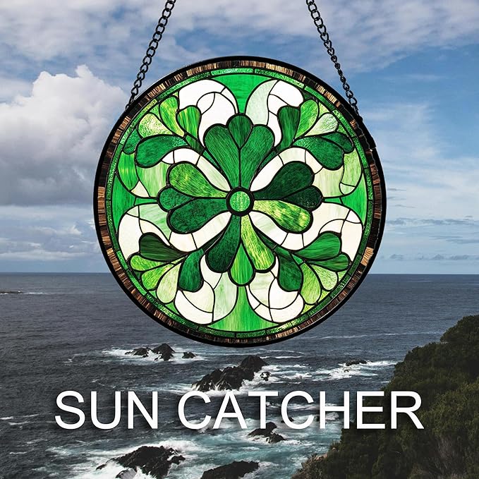 Stained Glass Window Hanging White Green Decoration Large 11.8" - Suncatcher Door Garden Sun Catcher Ireland Decor Birthday Mother's St. Ripack's Day Gift for Woman Mom Men Friend Nana Wife