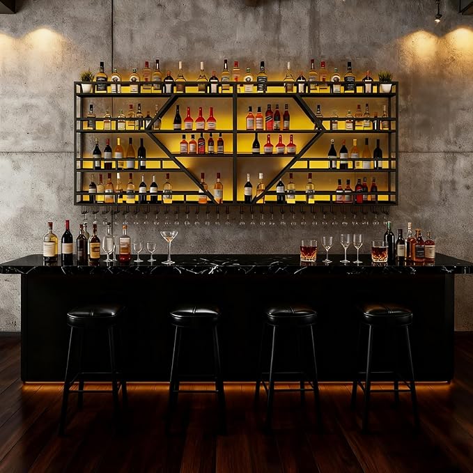 79in Large Wall Mounted Wine Rack, 4 Tier Modern Diamond Shaped Floating Bar Wine Storage Display Shelf, Metal Industrial Liquor Bottles Shelves Wine Glass Holder (Black, 4 Tier,79in)