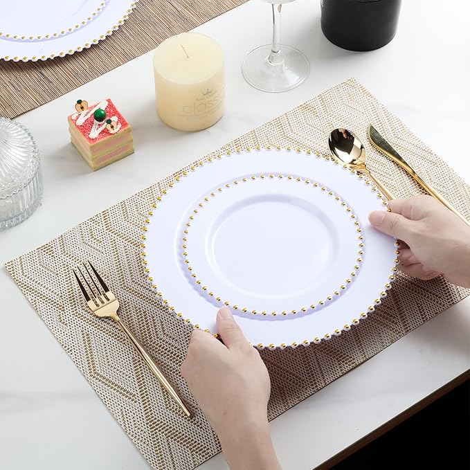 EI 60pcs White Plastic Plates with Gold Rim,Heavy Duty Plastic Plates Disposable,White and Gold Plate for Party,Wedding,Birthday,Afternoon Tea,Spring,Mother's Day,Valentine's Day