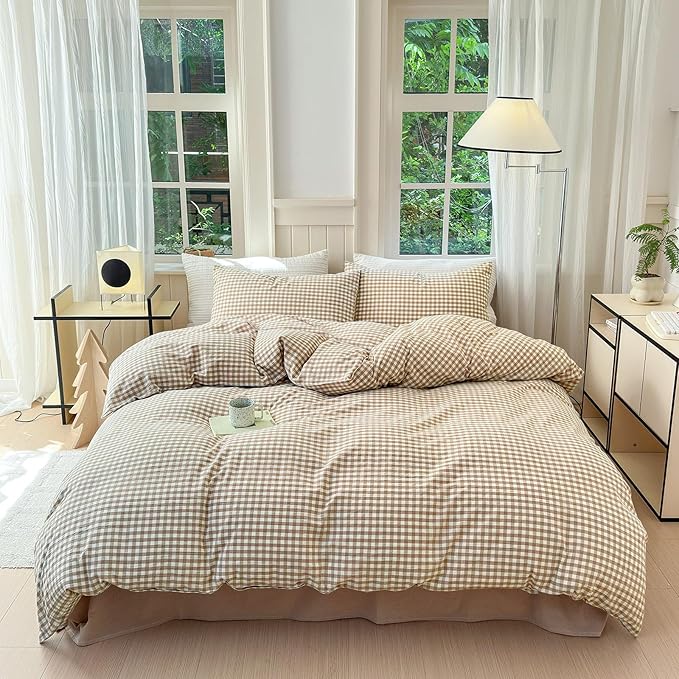 LifeTB Tan Gingham Comforter Set King Modern Style Beige Plaid Comforter Set 3 Pieces Soft Fluffy Grid Checkered Pattern Comforter with 2 Pillowcases Farmhouse Gingham Plaid Bedding Set King