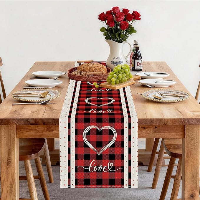 Valentines Day Table Runner 13x36 Inch, Buffalo Plaid Love Hearts Valentine Table Runner, Anniversary Home Kitchen Dining Table Holiday Party Decorations