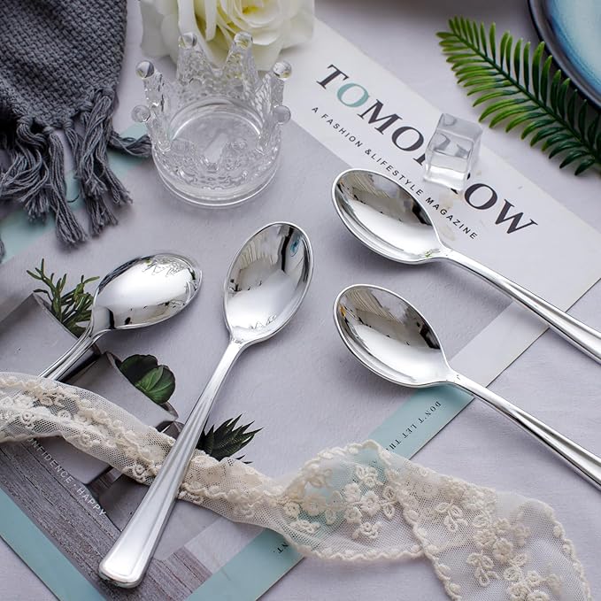 WDF 100 Pack Silver Plastic Spoons Disposable - 6.9 Inch Silver Spoons Heavy Duty Plastic Spoons, Modern Silver Disposable Spoons Perfect for Party Wedding Valentine's Day