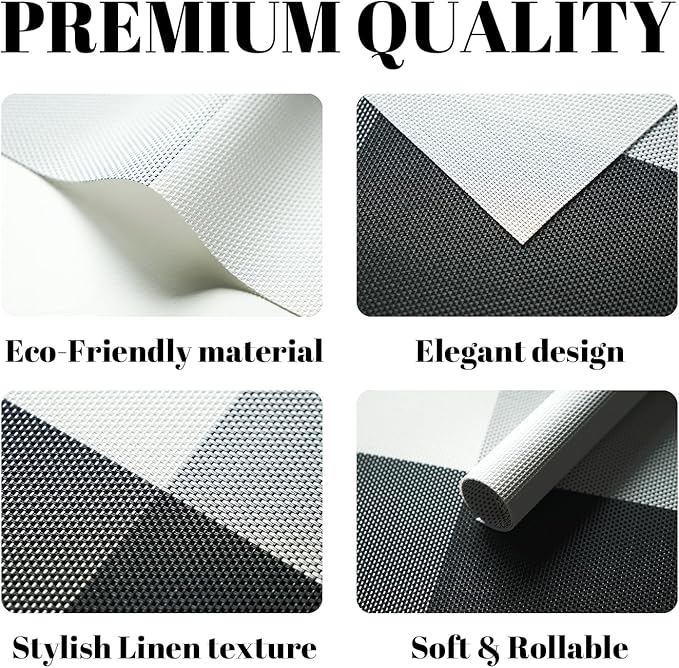 SUMYMERY Placemats Set of 12 Vinyl/Plastic Woven Place Mats for Kitchen Table Indoor/Outdoor Washable Placemat Wipeable Dining Table Mats (Grey Grid,12)