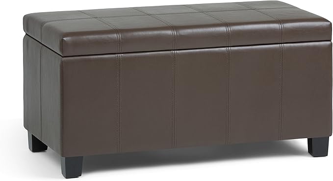 SIMPLIHOME Dover Storage Ottoman Bench - 36 inch Wide Upholstered Vegan Leather Rectangular Lift-Top Ottoman in Chocolate Brown, Contemporary Bench for Living Room with Safety Hinges
