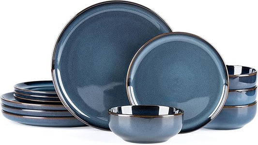 GBHOME Ceramic Dinnerware Sets for 4, 12 Pieces Stoneware Plates and Bowls Sets, Scratch Resistant Dishes, Dishwasher & Microwave Safe, Reactive Glaze-Deep Sea
