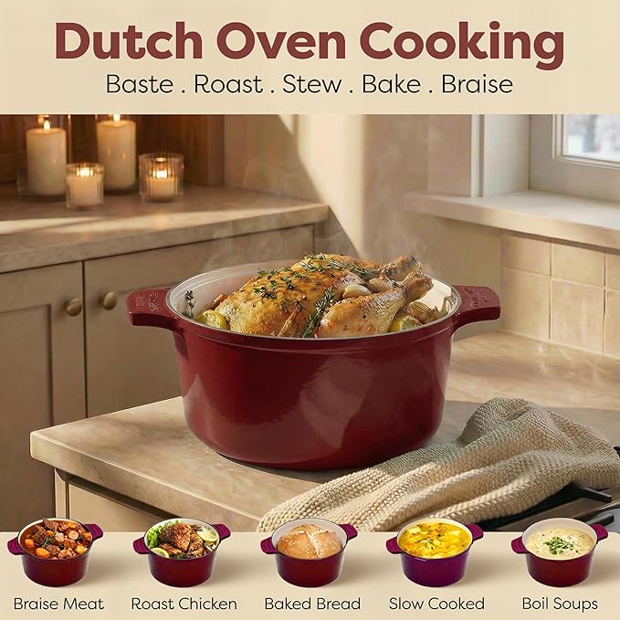 Gotham Steel 5 Qt Lightweight Dutch Oven Pot with Lid & Holders, Ceramic Non Toxic, Oven Safe & Even Heat Retaining Dutch Oven for Bread Baking Sourdough, Soup, Casserole, 70% Lighter than Cast Iron